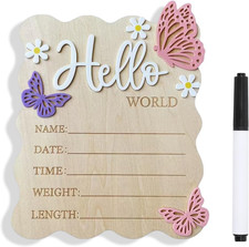 Baby Announcement Sign, 5.9X7.2 Inch Wooden Hello World Newborn Signs, Birth Ann