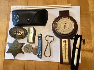Junk Drawer Lot  Collectibles Ray-ban Case BAROMETER Pabst Bic Holder Chop Stic