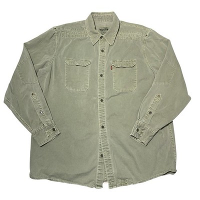 VTG Levi's Two Horse Canvas Heavy Cotton Work Shirt Green Mens Reinforced Elbows