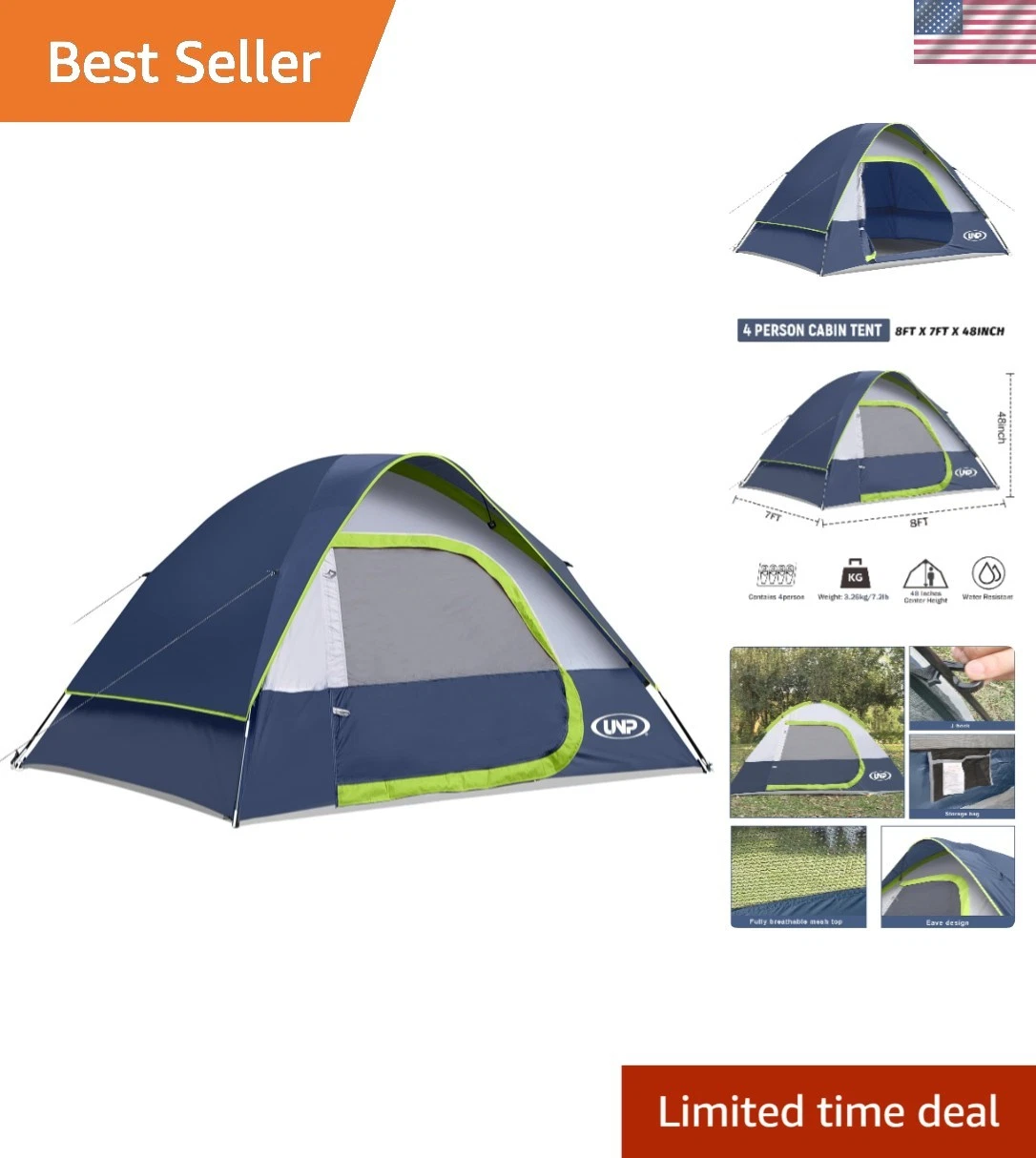Lightweight Waterproof Camping Tent for 4 - Mesh Windows & Skylight Ventilation