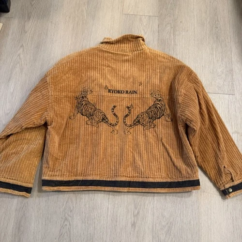 Ryoko Rain Jacket Mens Large Brown Corduroy Full Zip Tiger Streetwear image 2