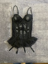 Victoria's Secret Black Mesh Rhinestone Bustier Corset Garter Underwire 34B