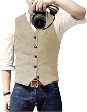 New Mens Vest Herringbone Tweed Waistcoat Vintage Formal Notch Lapel Retro Vest