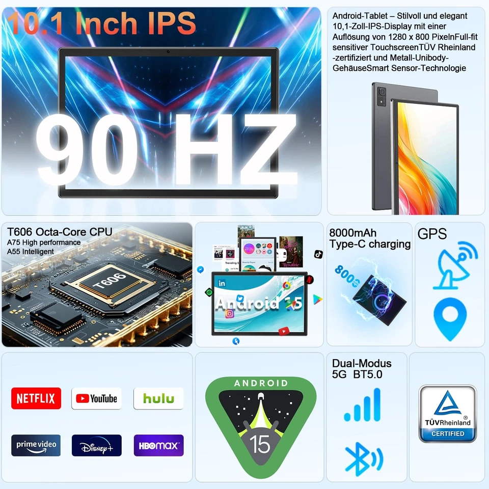 安卓 15 平板电脑带键盘,16GB(8+8)RAM+256 存储(扩展至 2TB),800... — 第 2/4 张图片