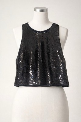 H&M Black Sequin Mesh Cropped Tank Top NWT Sz XL