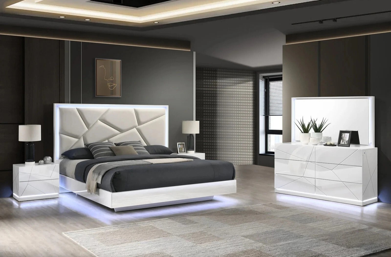 NEW 4PC Modern Italian LED Queen King Gloss White Contemporary Bedroom Bed/D/M/N