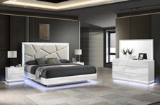 NEW 4PC Modern Italian LED Queen King Gloss White Contemporary Bedroom Bed/D/M/N
