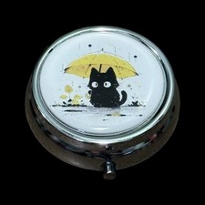 Lindo estuche organizador de pastillas de metal redondo portátil para paraguas de gato negro