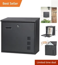 Sturdy Wall-Mounted Mailbox in Black with Waterproof Cover and Locking Mechanism