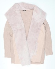 Roman Women’s Beige Faux Fur Trim Open Knit Long Sleeve Cardigan Size 16