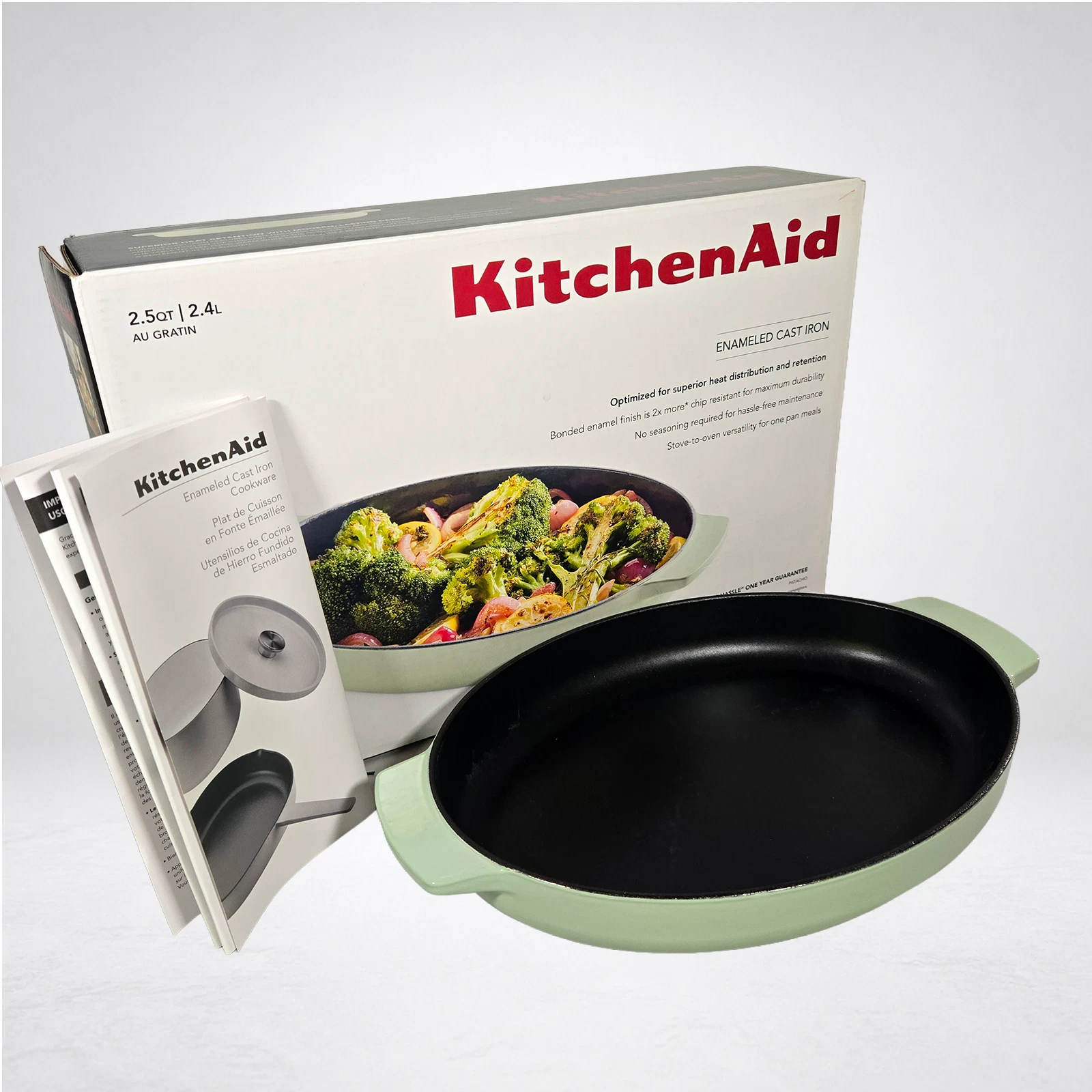KitchenAid Enameled Cast Iron 2.5 Qt Au Gratin Roasting Pan Pistachio NIB