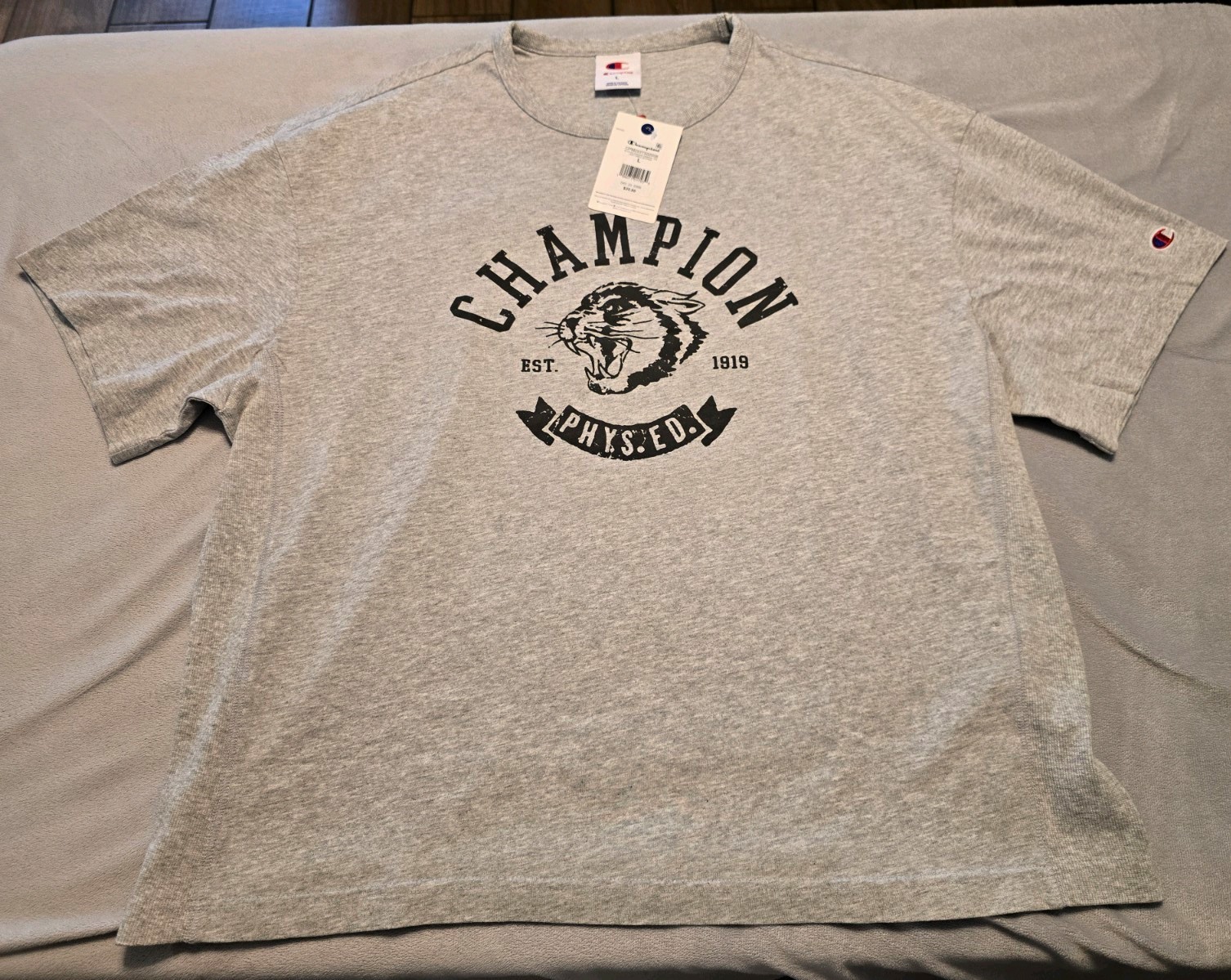 Champion Men's Heather Grey Phys Ed Crew Neck Size Large Tiger Logo