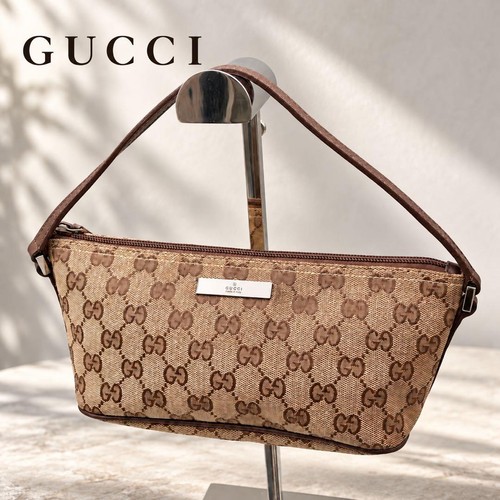 GUCCI GG Canvas Accessories Pouch Brown Leather Shoulder Bag Vintage Authentic