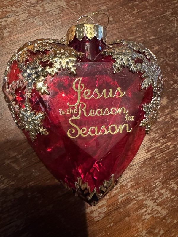 Jesus Is The Reason For The Season Red and Gold  Heartshaped Plastic Ornament 5"
