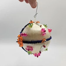 Vintage Handmadd Beaded Christmas Ornament Holiday Decoration, White Colorful