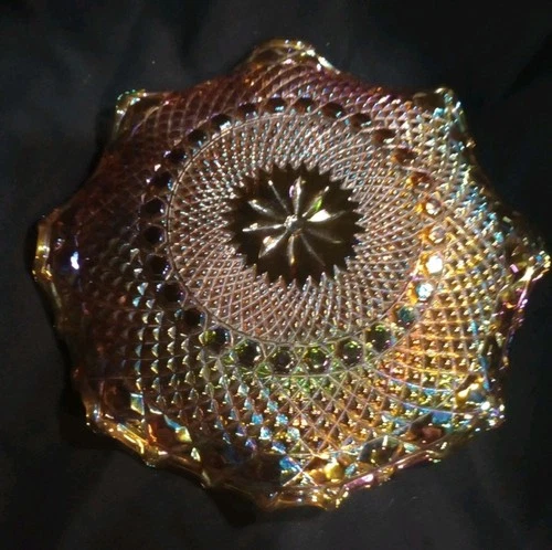 Vintage Mid Century Marigold Carnival Glass 10” Fruit Bowl Floral Pattern