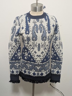 Tory Burch Women Lisbon Jacquard Tapestry Wool Sweater XS Fringe Runway Designer
