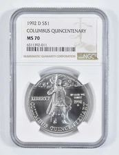 1992 D Columbus Commemorative Silver Dollar NGC MS70