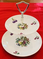 NAAMAN ISRAEL Two-Tier TIDBIT DISH w/Handle, 9” & 6.5” Plates, Fruit Motif, NICE