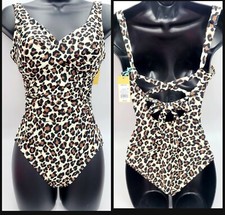 Kona Sol Medium Coverage One Piece Swimsuit Cups Halter Leopard Print Brown XS