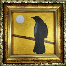 Crow oil Painting Crow with moon Bird Raven Wall Art Golden Painting Framed