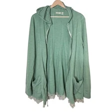 LOGO by Lori Goldstein Full Zip Hoodie Lace Trim Size L Green Athleisure Pocket