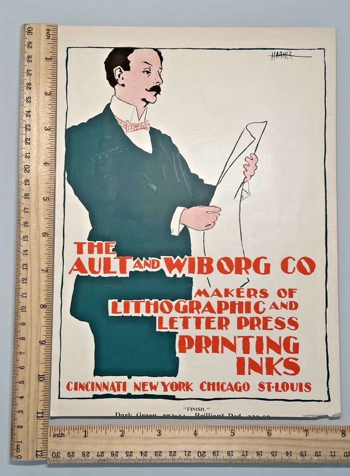 TINTAS DE IMPRESIÓN VINTAGE DE AULT & WIBORG ANUNCIO - HOMBRE EN TRAJE VERDE, CORBATA ROJA FP78 Foto 2 de 4