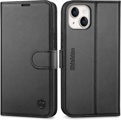 SHIELDON Hülle für iPhone 14 PLUS Echt Leder Folio Wallet RFID Retro Schwarz