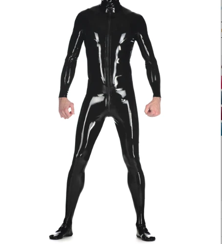 100% Latex Rubber Gummi Catsuit Bodysuit Black tights Foot Front zipper Men XL
