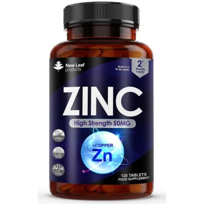 NEW LEAF PRODUCTS Zinc Tablets 50mg Citrate High Strength Immune Hair Skin Bone Support 120 Tablet