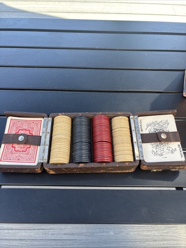Vintage Leather Poker Casino Clay Chip Set with Playing Cards and Case