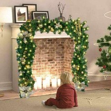 9FT Pre Lit Christmas Garland with LED Lights XMAS Fireplace Stairs Door Wreath