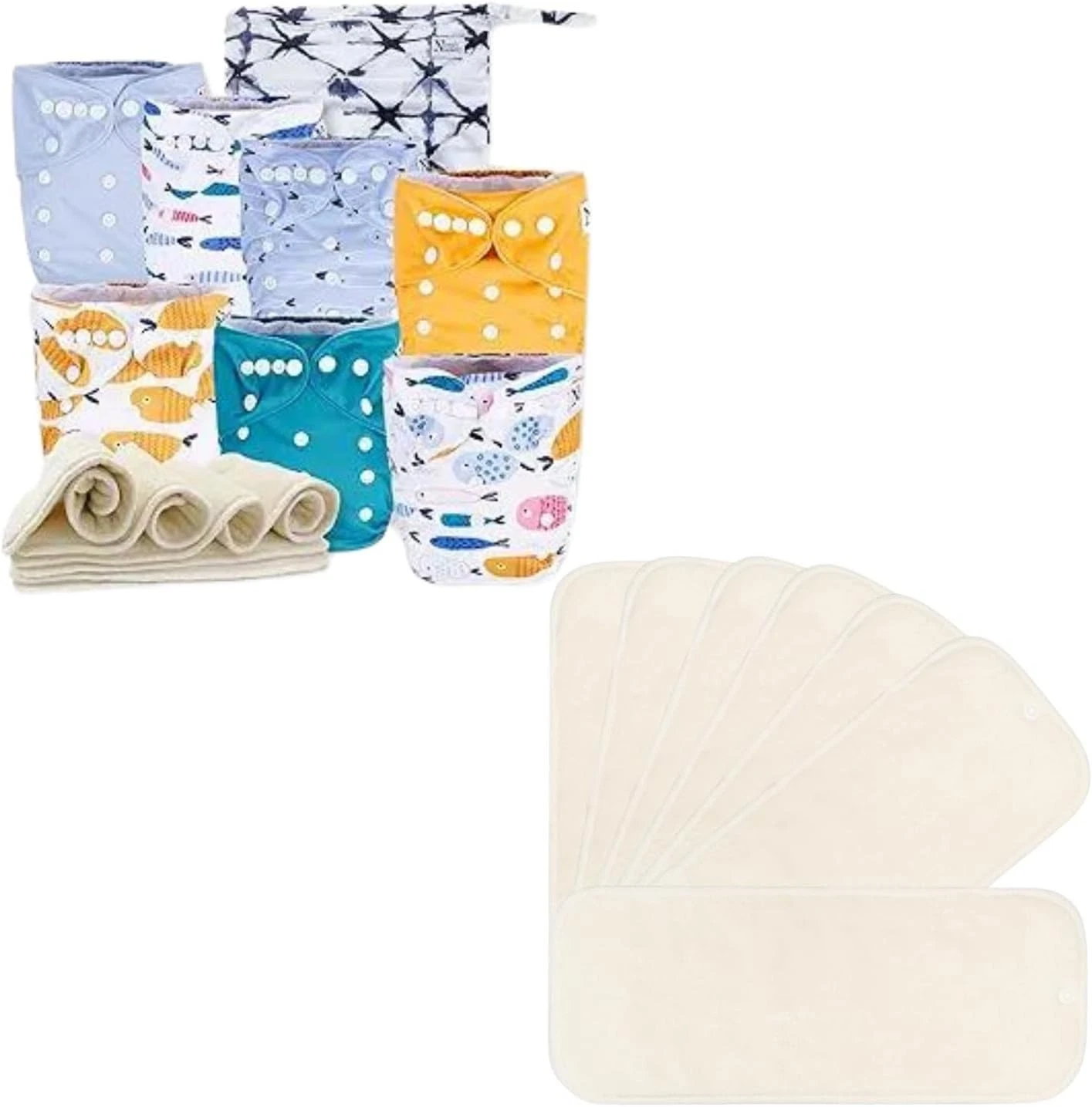 Open Box- Nora's Nursery Cloth Diapers 7 Pack with 7 Inserts & 1 Wet Bag