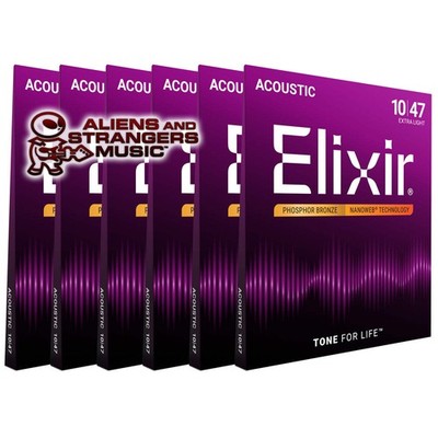 6 Sets! Elixir NANOWEB Phosphor Bronze Acoustic   16002 Extra Light .010-.047