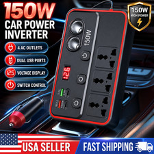 150W Car Power Inverter 12V DC to 110V AC Charger Fast QC3.0 Dual USB LED Switch