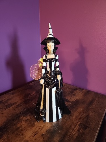 Eerie Charm Halloween Black & White Witch Walking Black Cat Figurine Decor 15.5"
