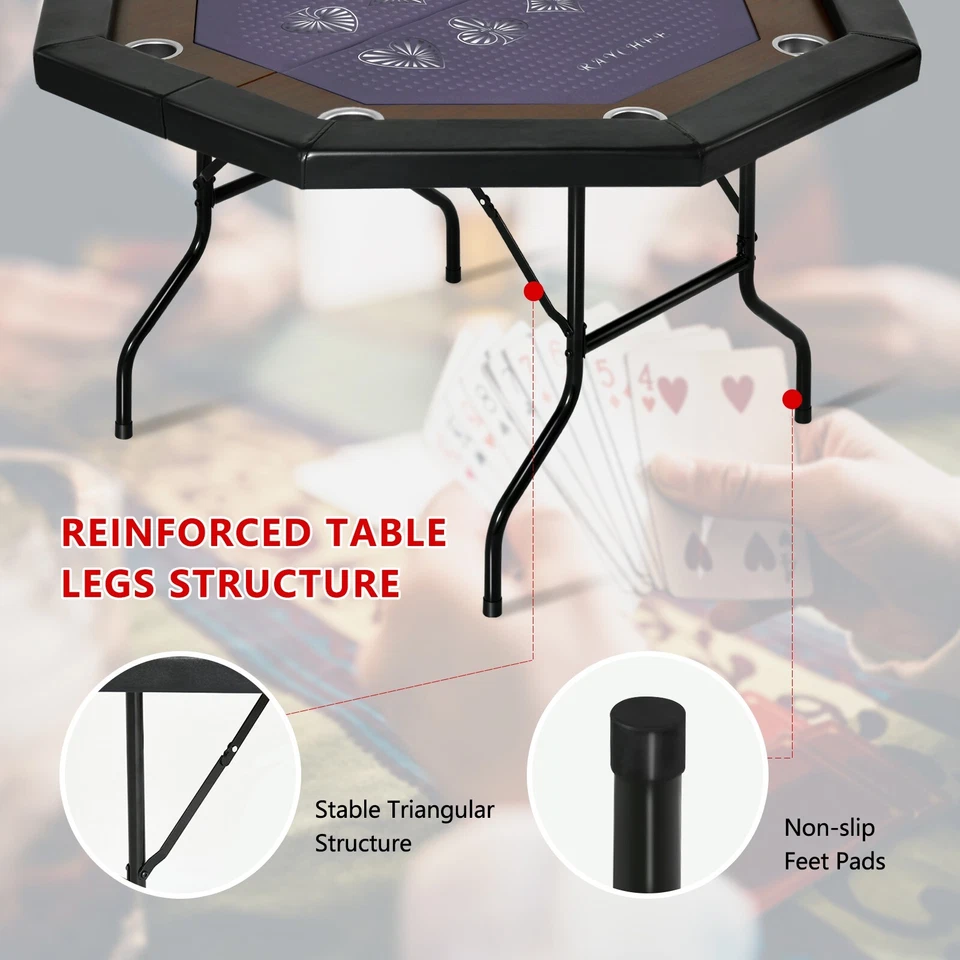 Poker Table 8 Player Texas Holdem Game Folding Casino Legs Cup Holders Octagon - Image 3 of 4