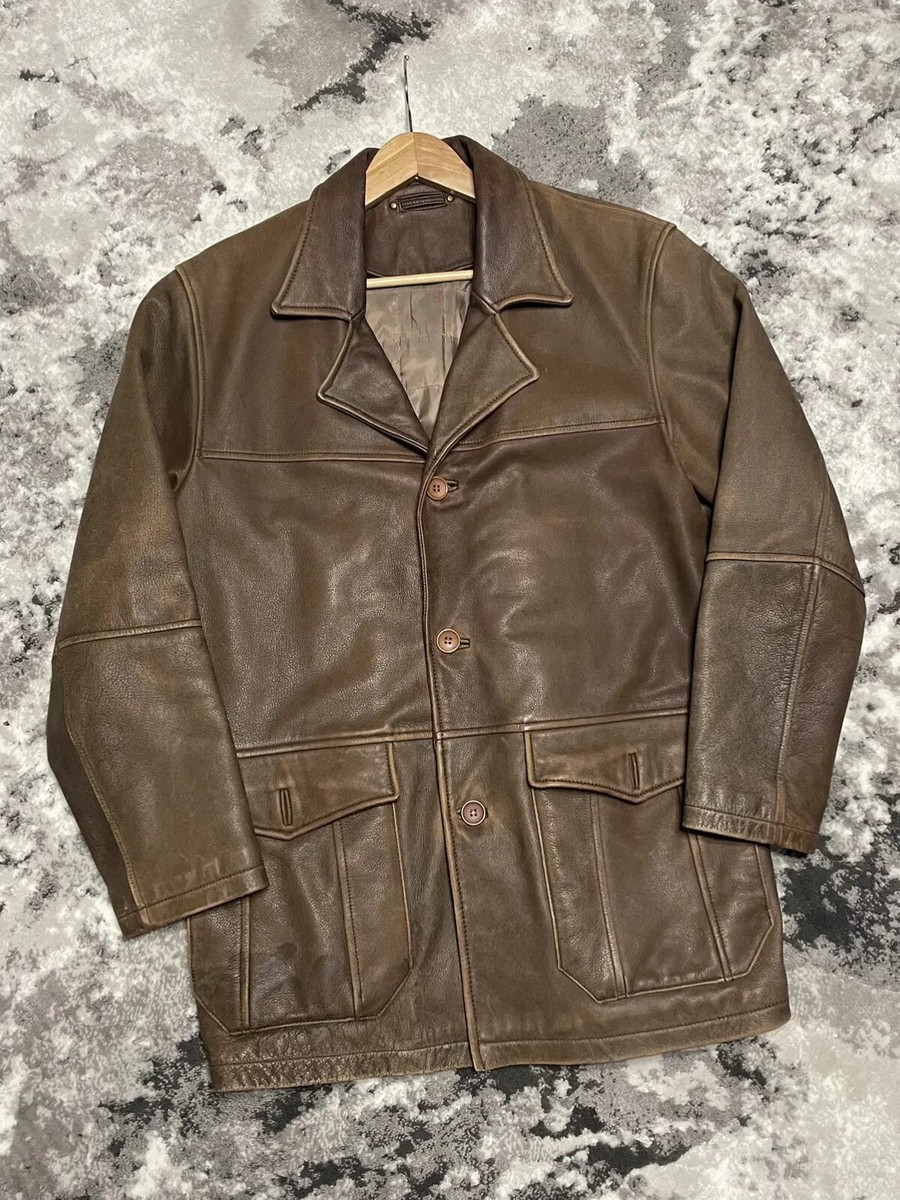 Vintage Washed Brown Leather Coat Jacket Size L Streetwear Avant