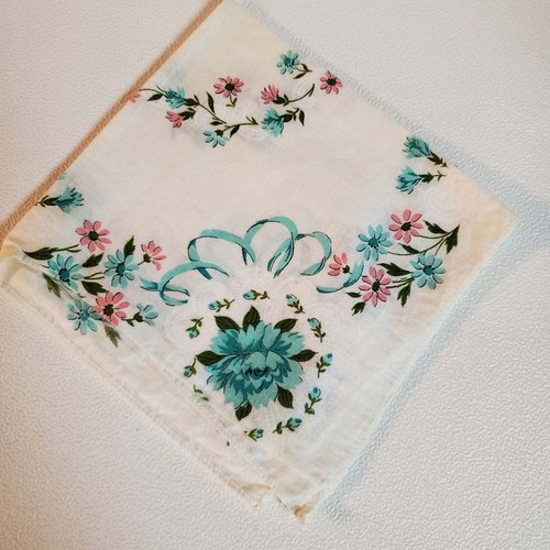 Vintage Hankie Ladies Floral Off White Aqua and Pink Handkerchief Cotton 11" - Picture 12 of 12