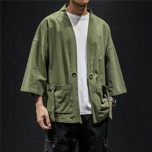 Men Jacket Outerwear Japanese Coat Yukata Kimono Linen Loose Sleeve Casual Tops - Bild 14 von 18