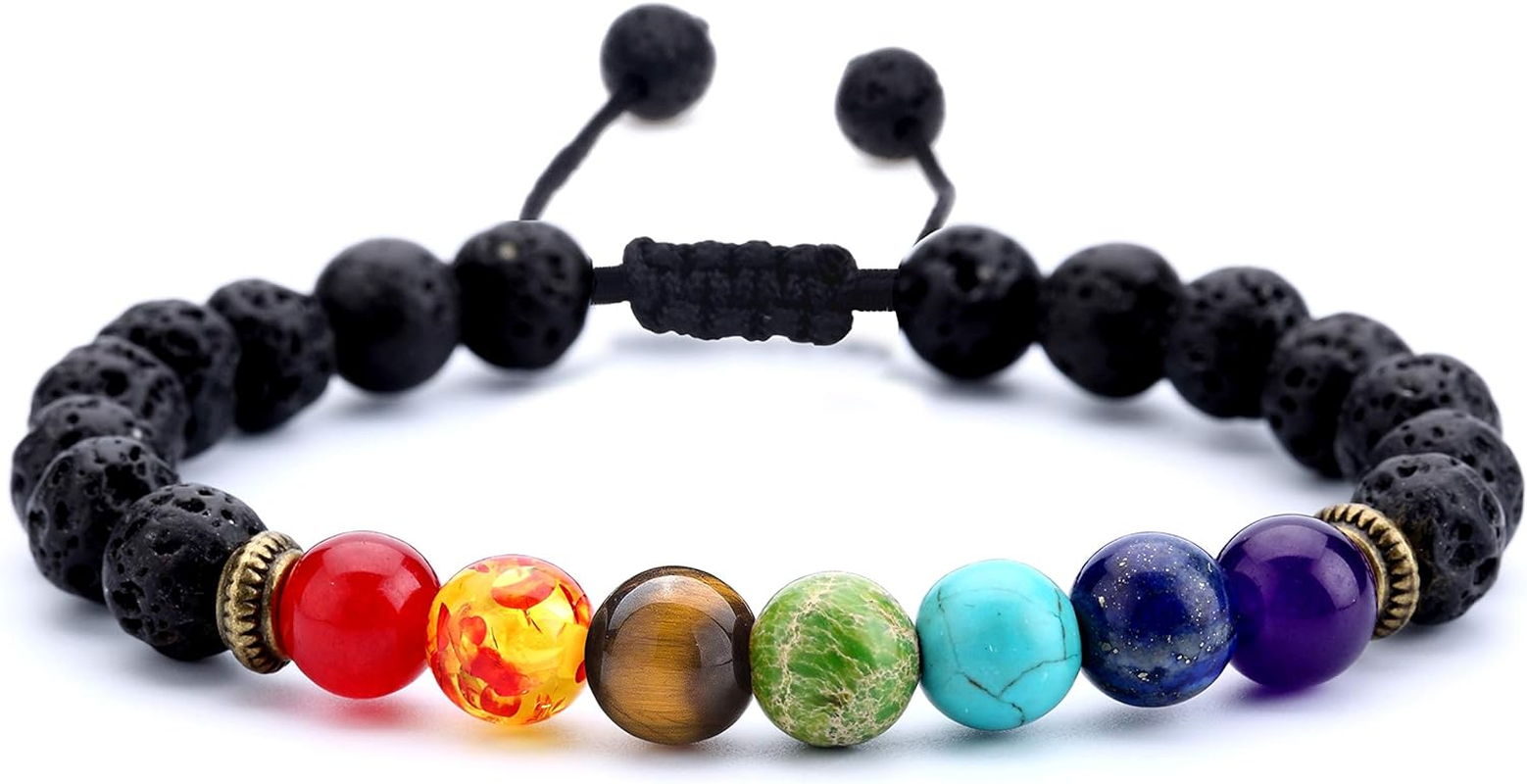 Men Women 8mm Lava Rock Chakra Bracelet Braided Rope Yoga Stone Beads