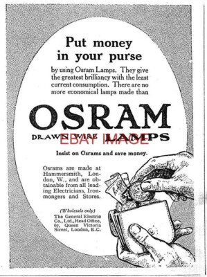 WK1 Reklame OSRAM ''Draw Wire Lamps'' Glühbirne ANZEIGE (5) Kleindruck 1915 734/01