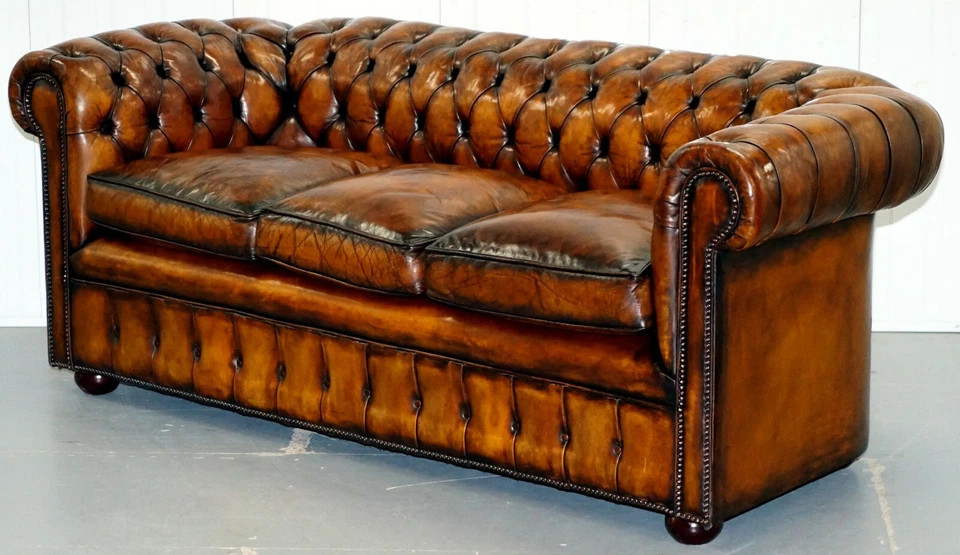 1930'S HAND DYED RESTORED WHISKY BROWN LEATHER CHESTERFIELD CLUB SOFA ENGLISH — 第 3/4 张图片