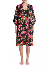 Natori SEVILLE Black Floral Print Polyester Charmeuse Kimono Robe  Slip Gown XS