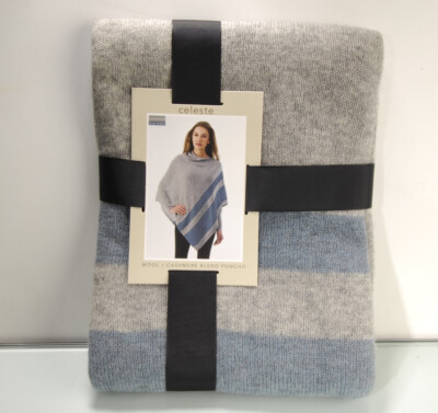 Celeste Cashmere Wool Poncho Blue Silver Gray Women One