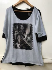 Style & Co. Womens Photo Times Square Embellished Top Gray Black Size L Large