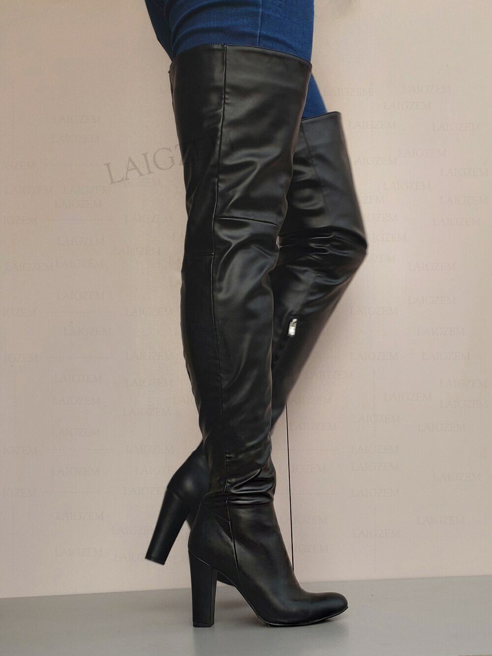 Women Thigh High Boots Thick Heels Faux Leather Over Knee Boots Round ...