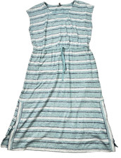 T by Talbots Large Midi Dress Drawstring Waist Striped Blue White Casual Knit