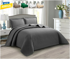 Image of 3 Piece Diamond-Check Quilted Bedspread Bedding Set Double King Sizes Bed Throw