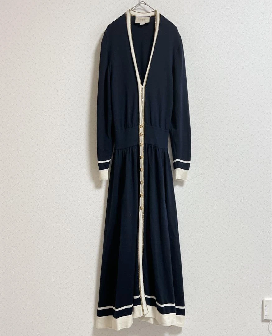 Gucci robe longue tricot cardigan bleu marine bicolore m6_0418